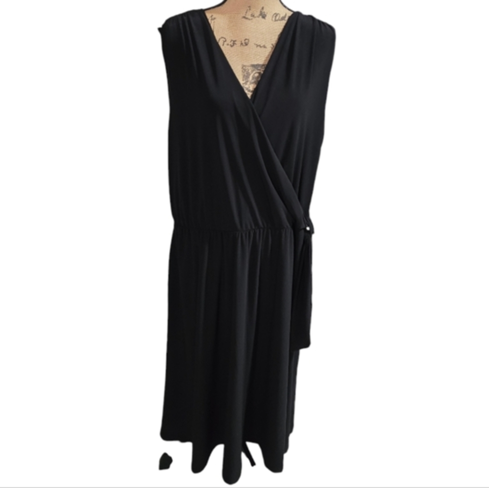 Tahari Surplice Faux Wrap Black Sleeveless Stretch Midi Dress Plus Size 3X New!
